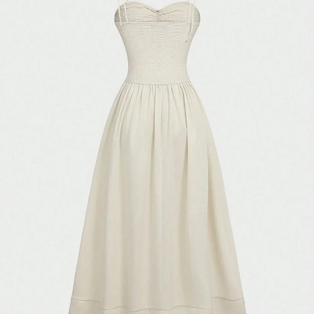 Cream Party Women's Beach Vacation Elegant Waist Cinched Fitted Camisole Dress - Picture 5 of 7